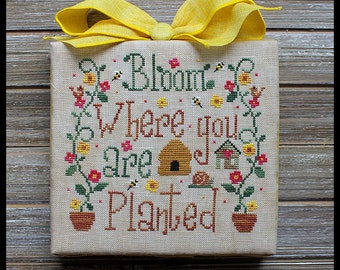 Bloom Where You Are Planted ~Cross Stitch Pattern by New York Dreamer Needleworks  ~ New Cross Stitch, Spring, flowers, bees, ornament