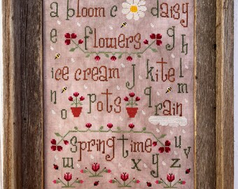 Spring Alphabet sampler~ Cross Stitch Pattern by New York Dreamer Needleworks  ~ New Cross Stitch chart~ flowers, spring, bees