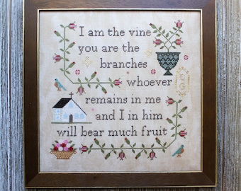 New! "Jesus the True Vine" New York Dreamer Cross Stitch chart, pattern, bible study, bible verses, religious, love, houses, church, flowers