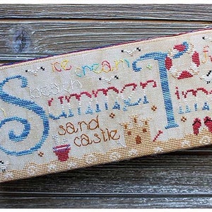 May include: A cross-stitch sampler with a white background and colorful embroidery. The text "Summer Time" is stitched in blue and yellow thread. Other details include a beach umbrella, a sandcastle, and flip-flops.