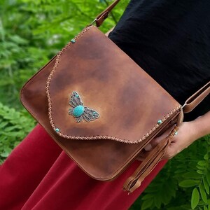 Leather bag with turquoise stone hotsell