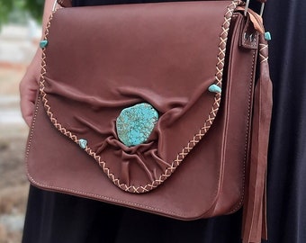 Handmade Brown Leather Purse: Turquoise Howlite Gemstone, Knitted Detail