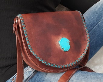 Leather Crossbody Bag with Turquoise Howlite Stone - Handmade Gemstone Purse