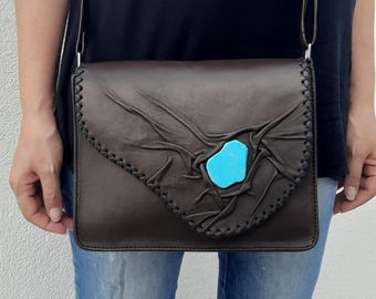 Handmade Brown Leather Crossbody Bag: Turquoise Howlite Gemstone