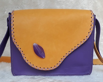 Purple and yellow leather bag with amethyst  stone, crossbody bag, amethyst stone crossbody leather purse, gemstone purse, Mothers day gift