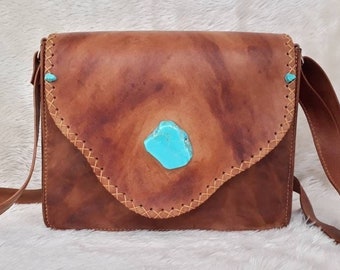 Turquoise howlite stone handmade leather bag, Crossbody unique bag, Full grain leather purse with gemstone, Gift for her, Mothers day gift