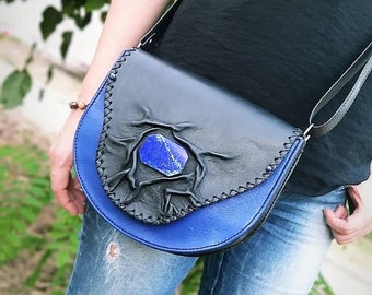 Handmade Leather Crossbody Bag with Lapis Lazuli Gemstone