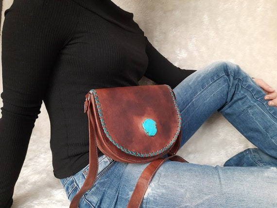 Small Crossbody Round Leather Bag With Turquoise Stone -  Sweden