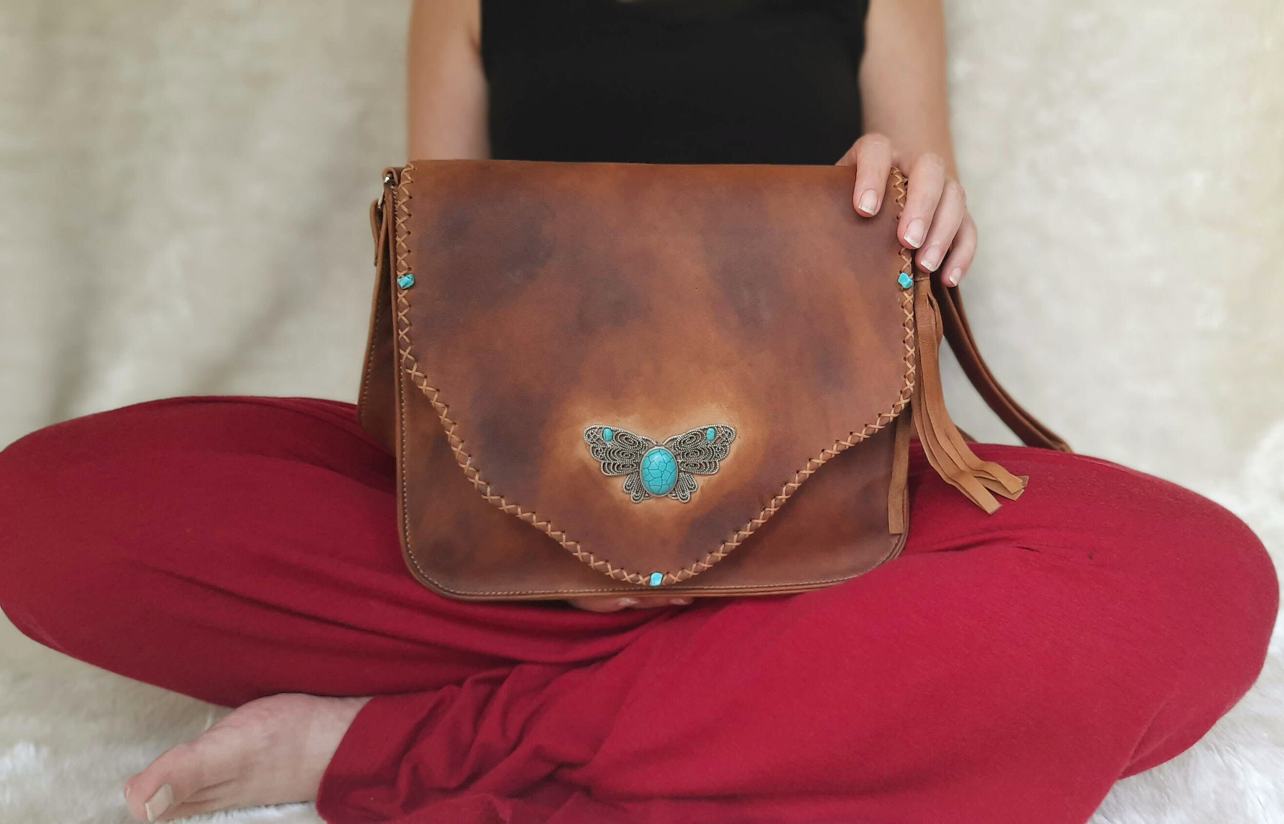 Leather handbags with turquoise stone sale