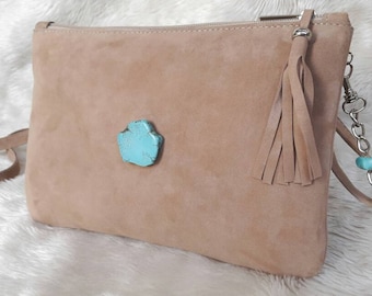 Pochette en cuir suédé beige pierre howlite turquoise, sac à main, pochette de soirée, cadeau pour elle