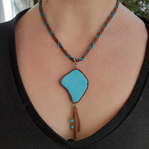 Leather necklace with turquoise howlite stone pendant, Handmade leather and gemstone necklace, Handmade one of a kind necklace, Gift her