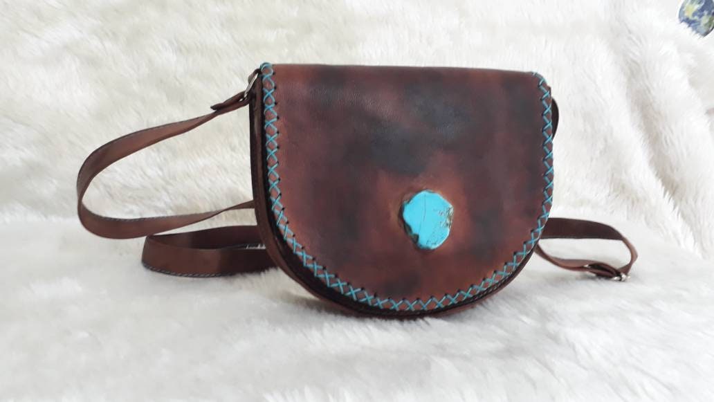 Small Crossbody Round Leather Bag With Turquoise Stone -  Sweden
