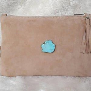 Beige Suede Leather Clutch Bag with Turquoise Howlite Stone