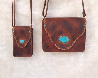 Handmade Leather Crossbody Bag Set: Turquoise Howlite Stone Accent