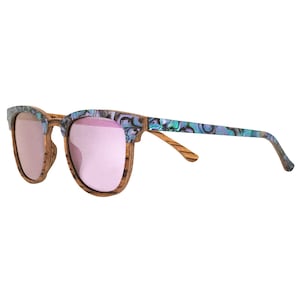 Abalone Seashell Sunglasses: Zebra Wood with Purple Polarized Lenses