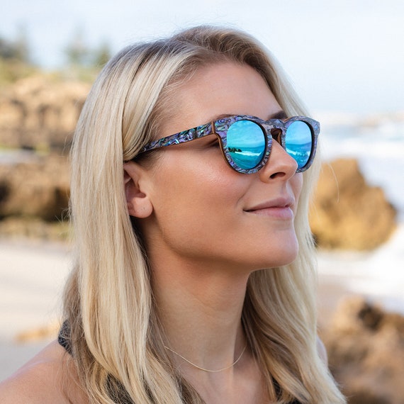Abalone Seashell Sunglasses: Zebra Wood With Blue Polarized 