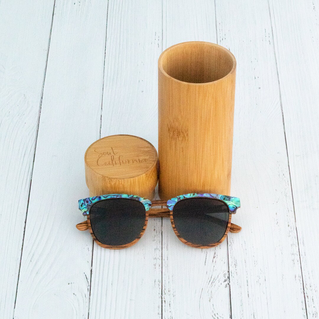 Abalone Seashell Sunglasses Zebra Wood Dark Grey Polarized Lenses
