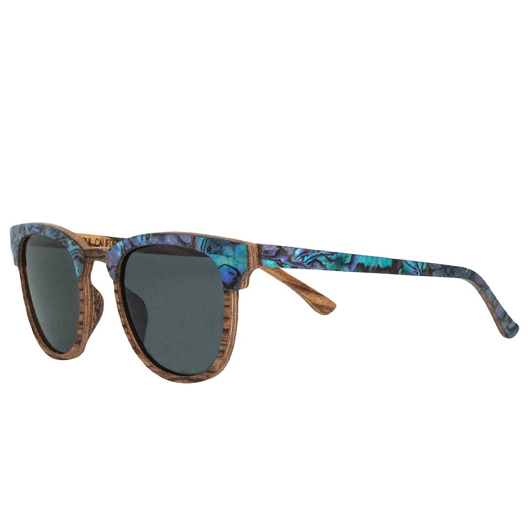 Abalone Seashell Sunglasses Zebra Wood Dark Grey Polarized Lenses