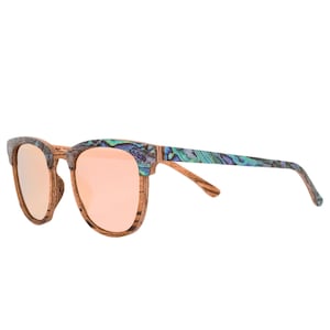 Abalone Zebra Wood Sunglasses: Rose Gold Polarized Lenses
