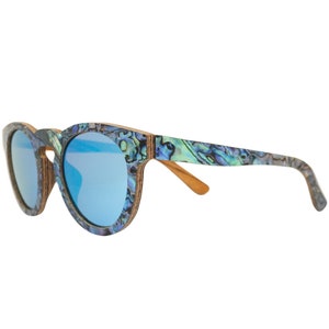 Abalone Seashell Sunglasses: Zebra Wood with Blue Polarized Lenses