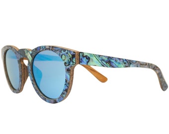 Abalone Seashell Sunglasses: Zebra Wood With Blue Polarized  display picture 1
