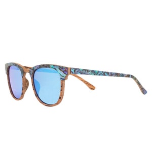 Abalone Seashell Zebra Wood Sunglasses: Blue Polarized Lenses