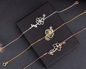 Geburtsblume und Birthstone Armband, 925 Sterlingsilber, personalisierter individueller Schmuck, Brautjungfer BFF Mom Oma Geburtstagsgeschenk, Muttertag