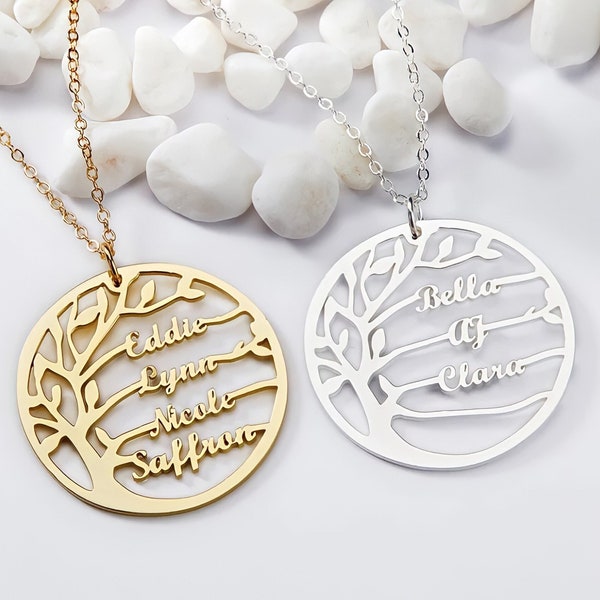 Familienkette Name Baum Halskette, 925 Sterling Silber, Gold Baum des Lebens, personalisierter Schmuck, Hochzeit, Oma Mutter Geburtstag, Brautjungfer