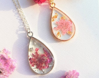 Echte Getrocknete Blumen Halskette, Lila Rosa Harz Anhänger Handgemachter Schmuck Trockenblumen Hochzeit Brautjungfer, Geburtstagsgeschenk Schmuck Muttertag