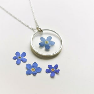 Real Vergissmeinnicht Necklace, 925 Silver, Resin Pressed Dried Forget-Me-Not Flower Pendant Jewelry, Wedding, Mothers Day Gift