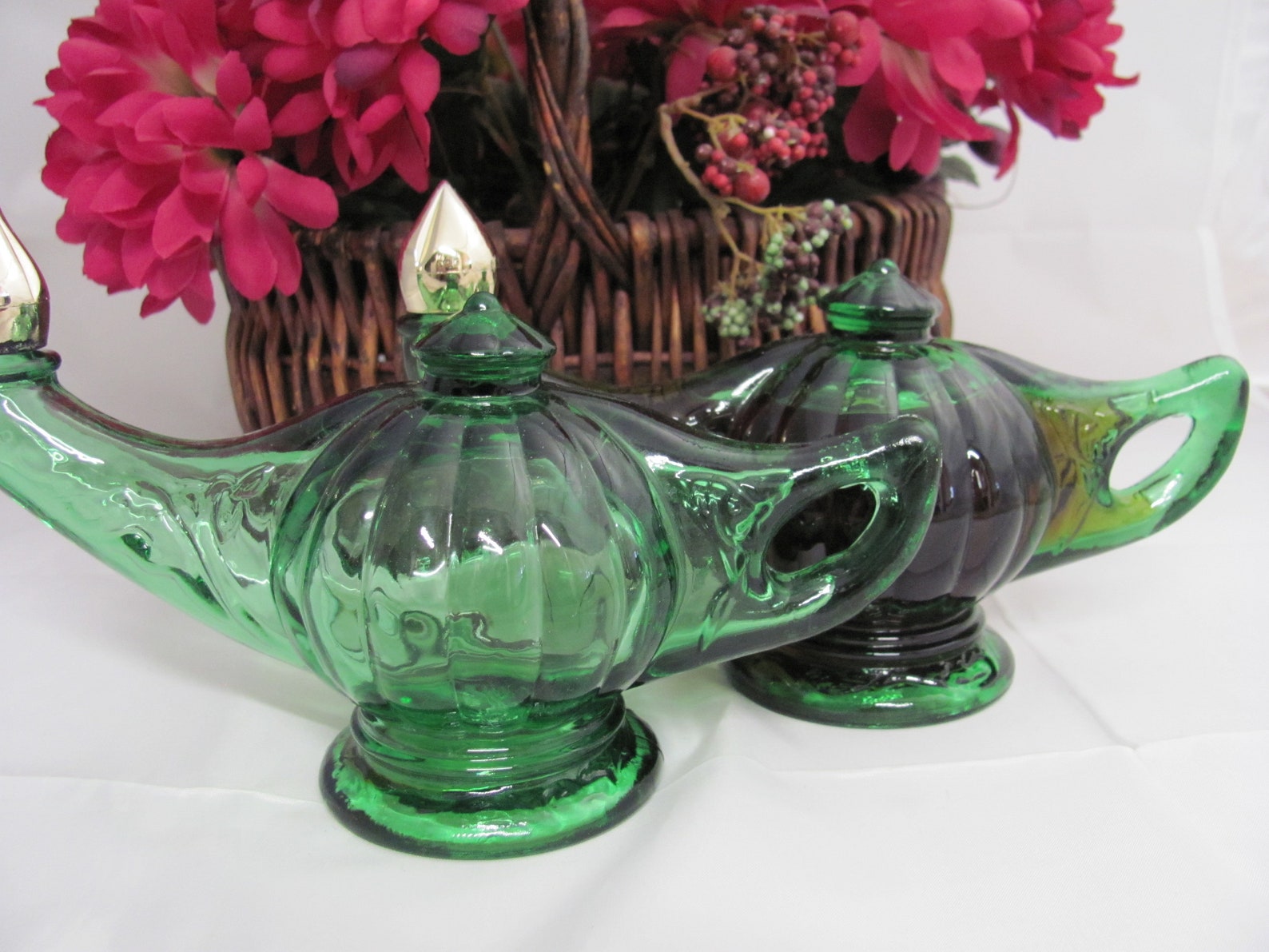 Avon, Aladdin's Lamp Bath Oil Bottle, Decanter, Made 19711973, Green Glass, Gold Cap, Genie
