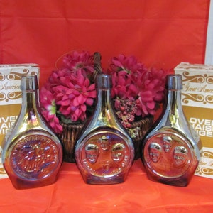 3 Wheaton, Apollo 13, Bottle, Decanter, Iridescent Glass, Vintage, 1970's, Commemorative, Lovell, Haise, Swigert, Lucky 13, Empty, Barware