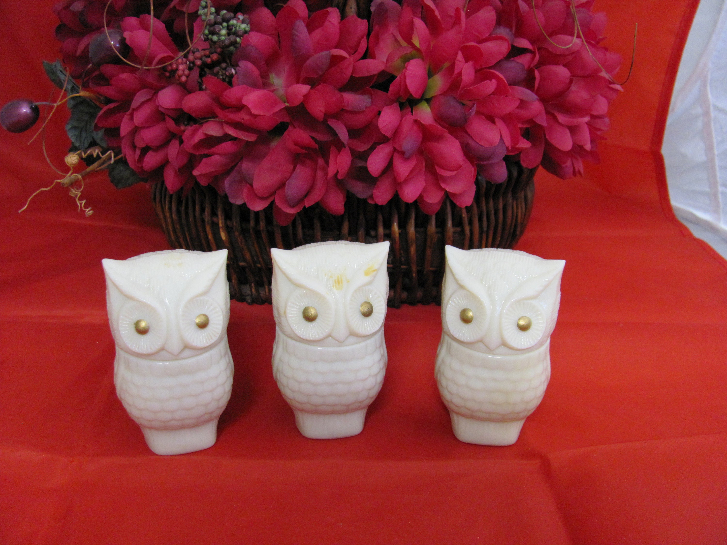 Avon, Precious Owl, 2 LEFT, White Jar, White Plastic, Head Cap, Painted Gold Eyes, Cream Sachet, Jar
