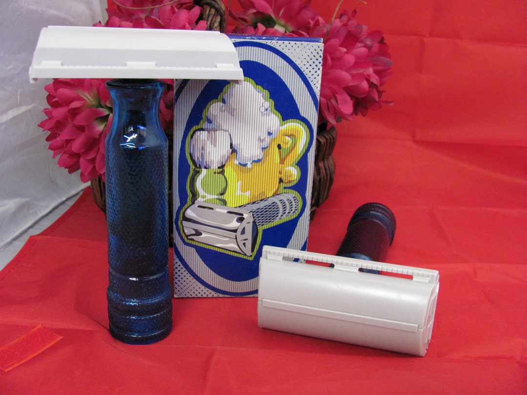 Avon, Super Shaver, Razor, 1973, Blue Glass Handle, Gray Plastic Razor ...