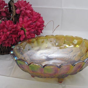 Carnival Glass, Iridescent Gold, Footed, Oval, Center, Bowl, Indiana Glass, Harvest, Garland, Pattern, 1970's, Amber