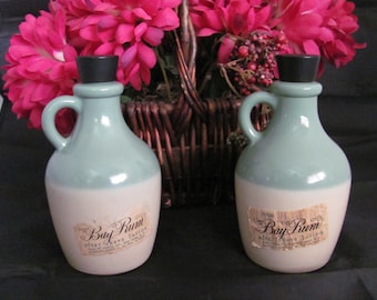 Avon, Bay Rum Jug, Bottle, Decanter, Made 1962-1965, Green & Beige Glass Jug, Clear Glass Painted, 8 Ounce Aftershave Bottle