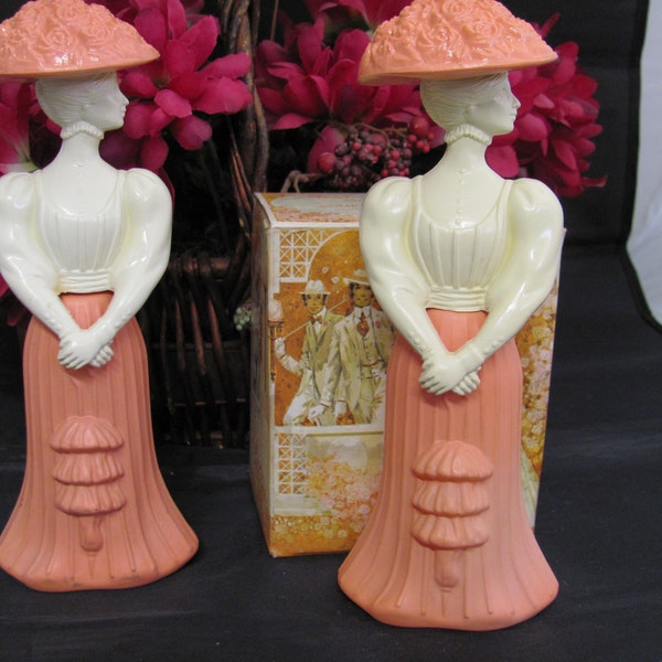 Avon, Gay Nineties Fashion Figurine, Bottle, Decanter, 1974, 3 Ounce Cologne, Peach & White, Lady With Hat, Nostalgic Collectible