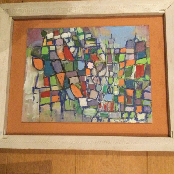 Colourful ABSTRACT PAINTING on BOARD- gouache - Rustic Wooden Frame