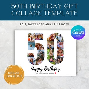 Collage photo personnalisable pour son 50e anniversaire - Modèle sur toile - Cadeau parfait pour lui ou elle - DIY souvenir