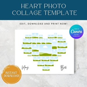Heart Photo Collage Template, Heart Collage Template,Heart Shape Photo collage, Valentine Photo Collage, Love Collage,  Instantly Editable