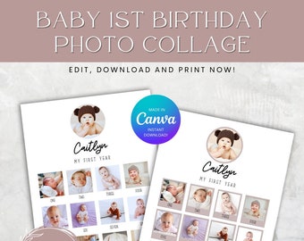 Editable First Year photo collage Template, 1st Birthday Photo Collage Sign, 1st Birthday Photo Collage, milestone birthday sign