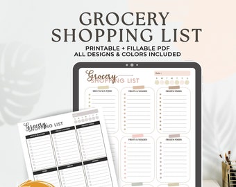 May include: Printable grocery shopping list template with a modern design. The list is divided into categories like meat, fruits, vegetables, frozen foods, household, and other. The template is available in PDF format and includes multiple color options.