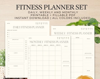 May include: Printable fitness planner set with daily, weekly, and monthly layouts. The pages are white with gray lines and text. The text includes "Daily Fitness Planner", "Weekly Fitness Planner", and "Monthly Fitness Planner".