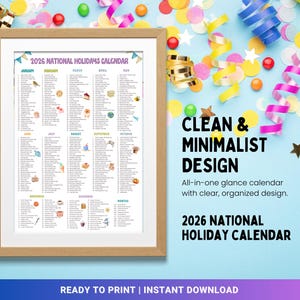 Puede incluir: Un calendario de d&iacute;as festivos nacionales de 2026 enmarcado con un dise&ntilde;o limpio y minimalista. El calendario es blanco con una lista de festivos para cada mes. Tambi&eacute;n se ve el texto "CLEAN & MINIMALIST DESIGN" y "2026 NATIONAL HOLIDAY CALENDAR".