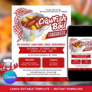 Crawfish Boil Flyer, bearbeitbare Crawfish Boil Fundraiser Flyer Vorlage, Crawfish Boil Einladung & Ticket, Kirchenschule, Seafood Boil Flyer