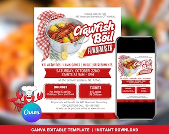 May include: A red and white flyer with a picture of a pot of crawfish boil. The flyer advertises a crawfish boil fundraiser for ABC Neverland Elementary School. The event will be held on Saturday, October 22nd from 9am to 3pm at the school cafeteria. The flyer includes information about the event, including the price of tickets and what is included in the meal.