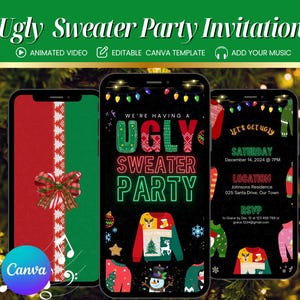 Peut inclure: Une invitation numérique pour une fête de chandails moches. L'invitation présente un fond noir avec du texte vert néon et rouge qui dit "We're having an Ugly Sweater Party". L'invitation comprend également une variété de chandails de Noël laids, colorés, festifs et humoristiques.