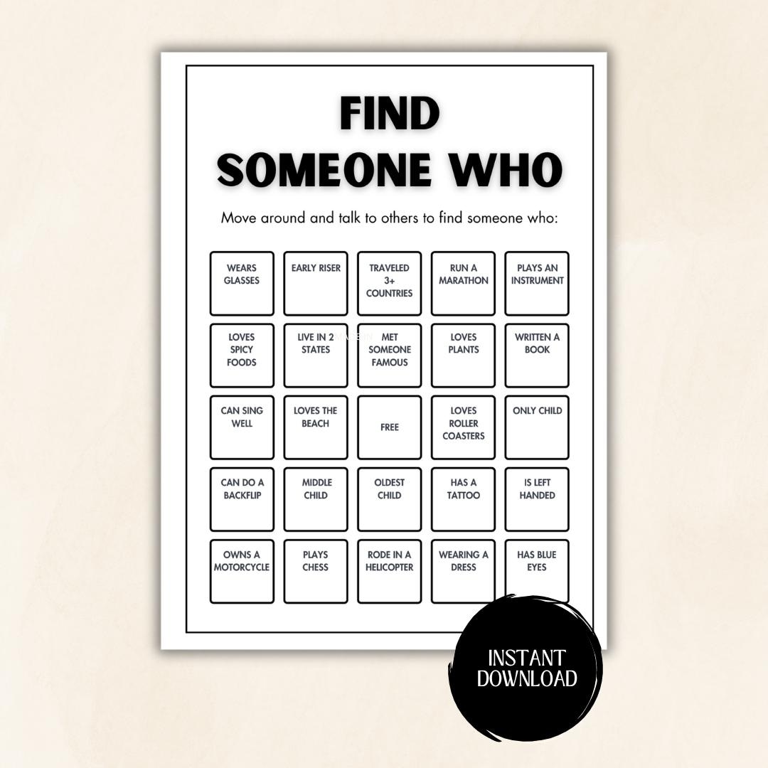 Find Someone Who Printable Get to Know Bingo Icebreaker Game Find Find Someone Who Printable Get to Know Bingo Icebreaker Game Find