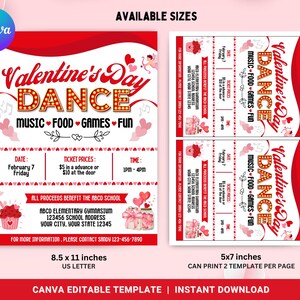 Op de afbeelding: Een rode en witte flyer voor een Valentijnsdagdans met een rood marquee-bord met de tekst "Valentine's Day Dance". De flyer bevat details over het evenement, waaronder de datum, tijd, ticketprijzen en locatie. De flyer bevat ook een schattige illustratie van een cupcake met harten.