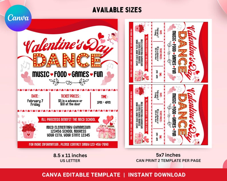 Op de afbeelding: Een rode en witte flyer voor een Valentijnsdagdans met een rood marquee-bord met de tekst "Valentine's Day Dance". De flyer bevat details over het evenement, waaronder de datum, tijd, ticketprijzen en locatie. De flyer bevat ook een schattige illustratie van een cupcake met harten.